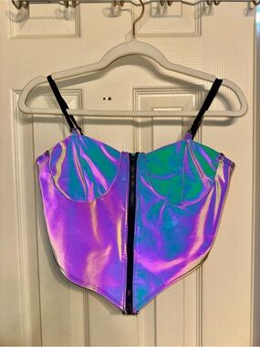 Iridescent Purple Holographic Crop Top with Front Zip